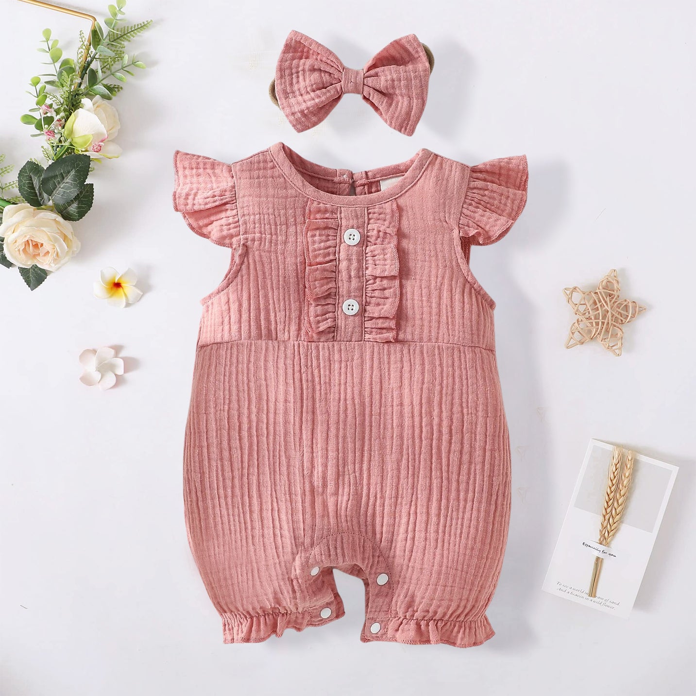 2PCS Delicate Solid Color Fly Sleeve Baby Jumpsuit