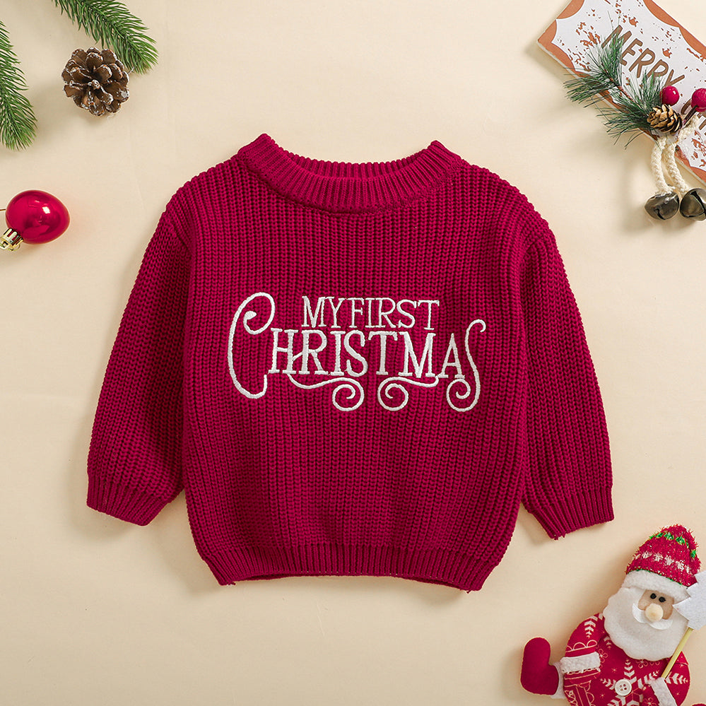 3PCS My First Christmas Letter Printed Knit Long Sleeve Baby Top