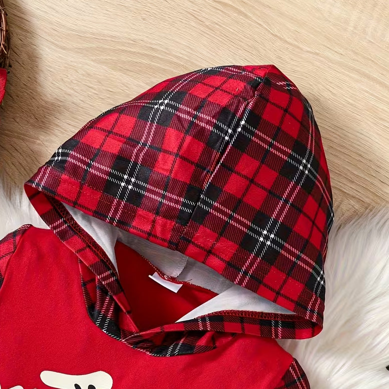 My 1st Christmas Letter Reindeer Plaid Print Baby Hoodie Jumpsuit