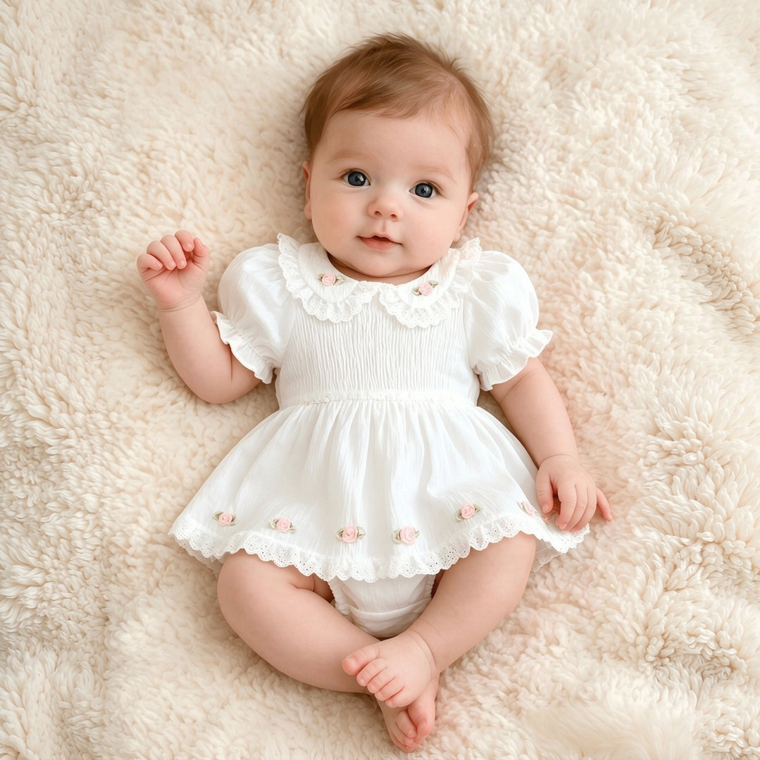 Sweet Floral Applique and Lace Trim Puff Sleeve Baby Girl Romper