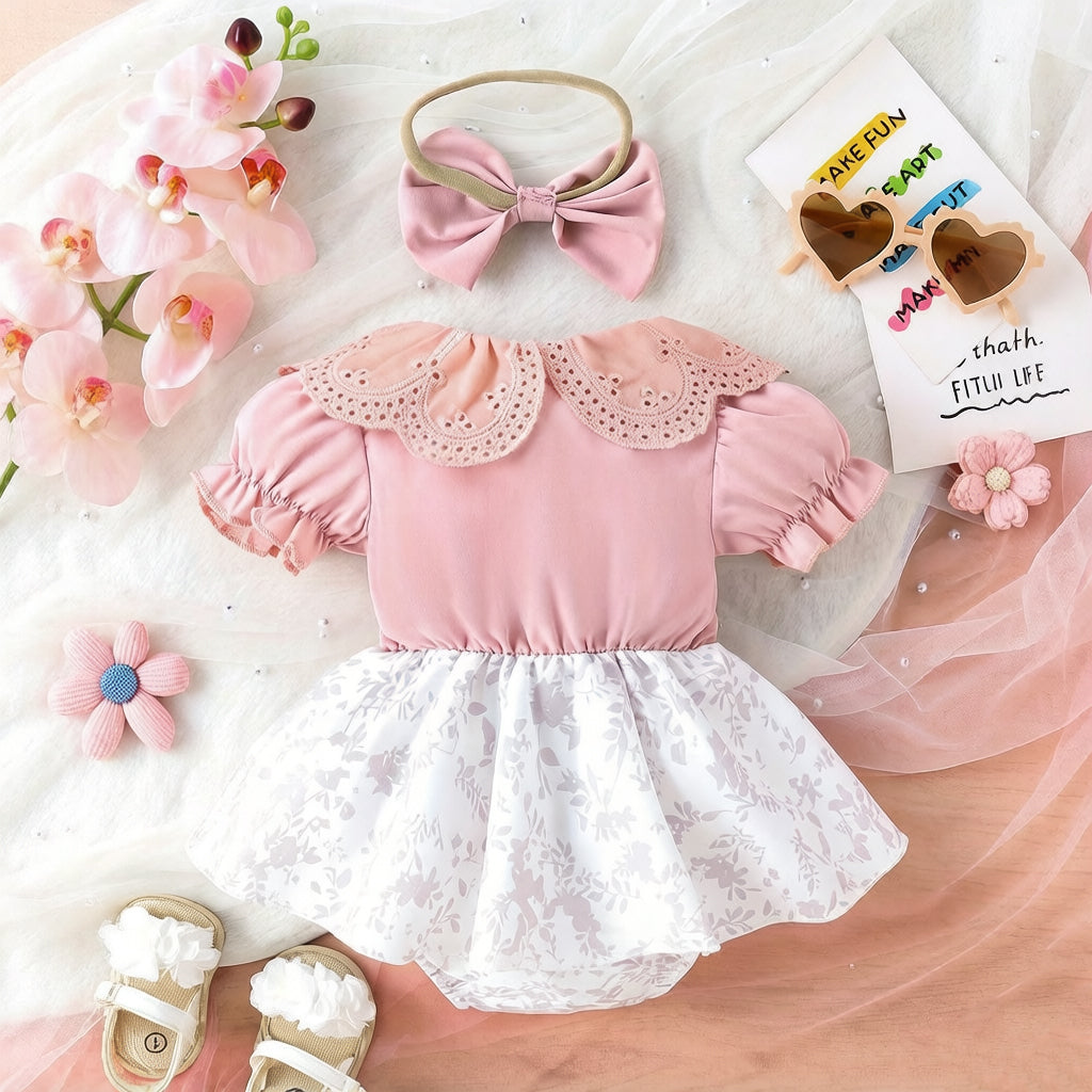 2PCS Pretty Color Blocking Floral Print Short Sleeve Baby Romper