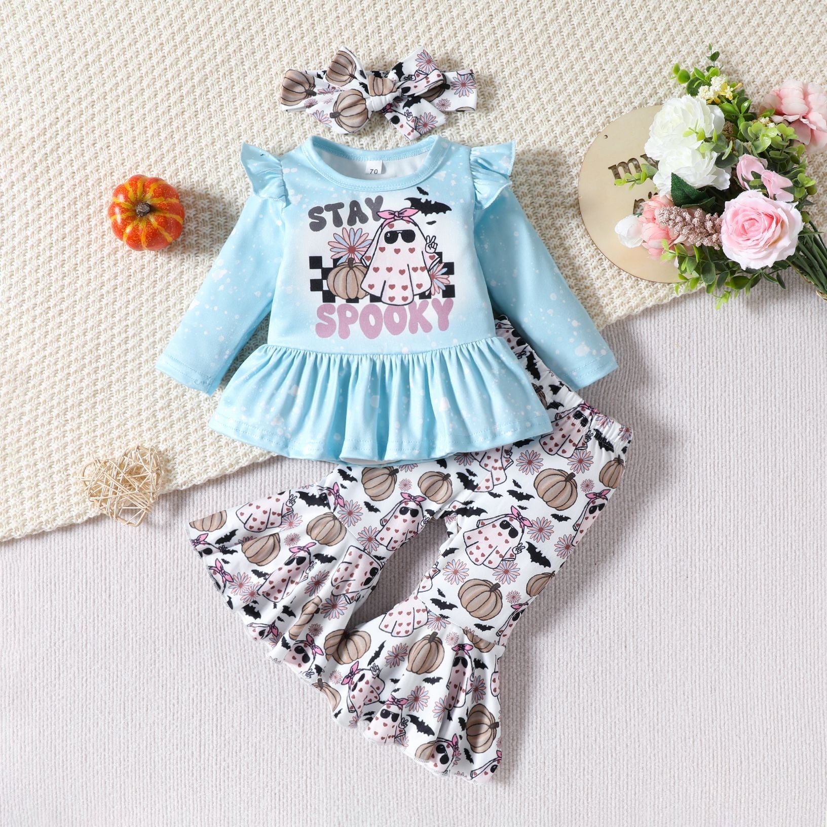 3PCS Stay Spooky Letter Printed Flared Pants Baby Set