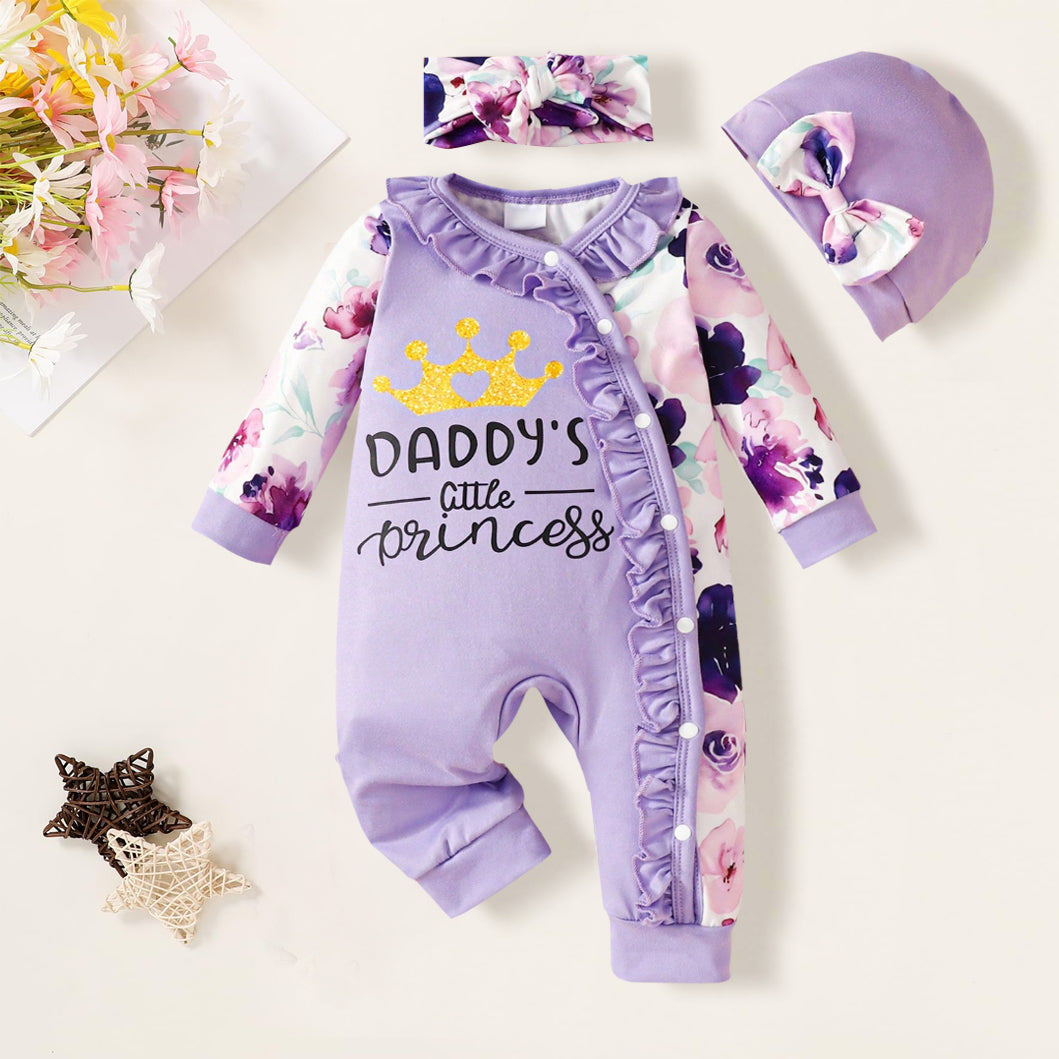 3PCS Daddy's Cute Princess Letter Floral Print Baby Jumpsuit