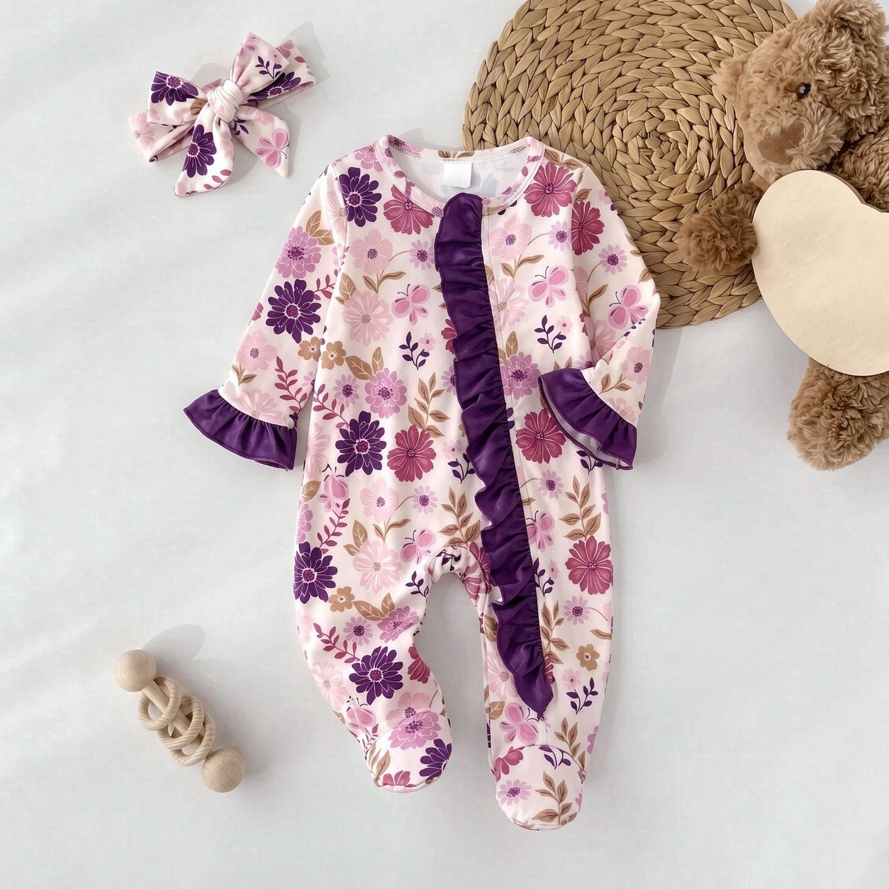 2PCS Chic Floral Printed Ruffle Zipper Long Sleeve Baby Jumpsuit
