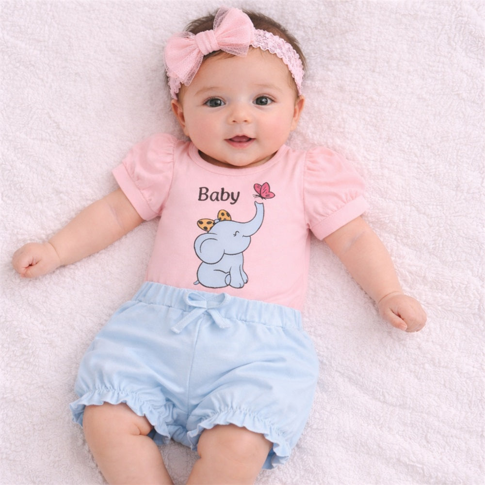 2PCS Lovely Elephant Printed Short Sleeve Baby Girl Set