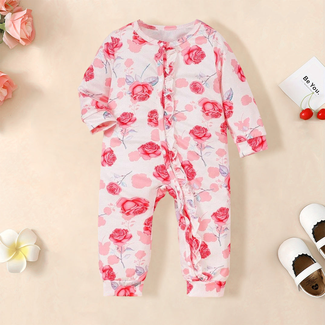 Lovely Floral Printed Long Sleeve Baby Girl Jumpsuit