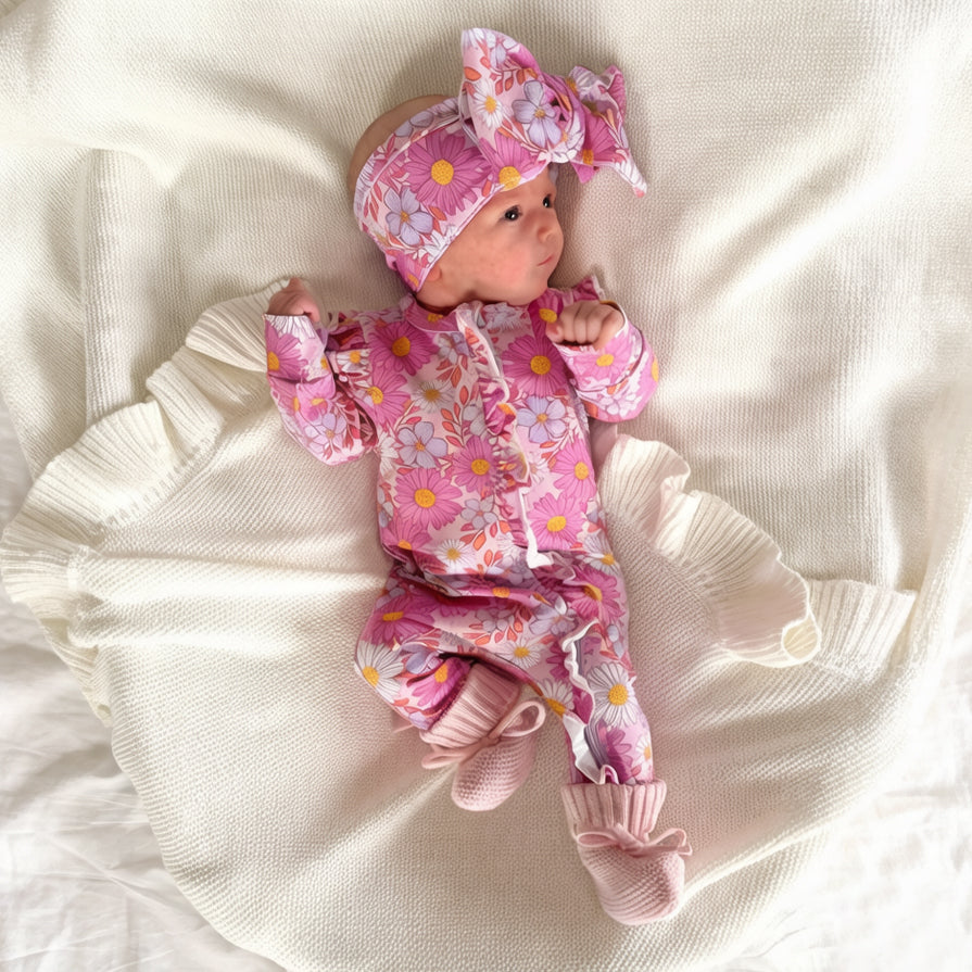 2PCS Gorgeous Floral Print Ruffle Zipper Baby Jumpsuit