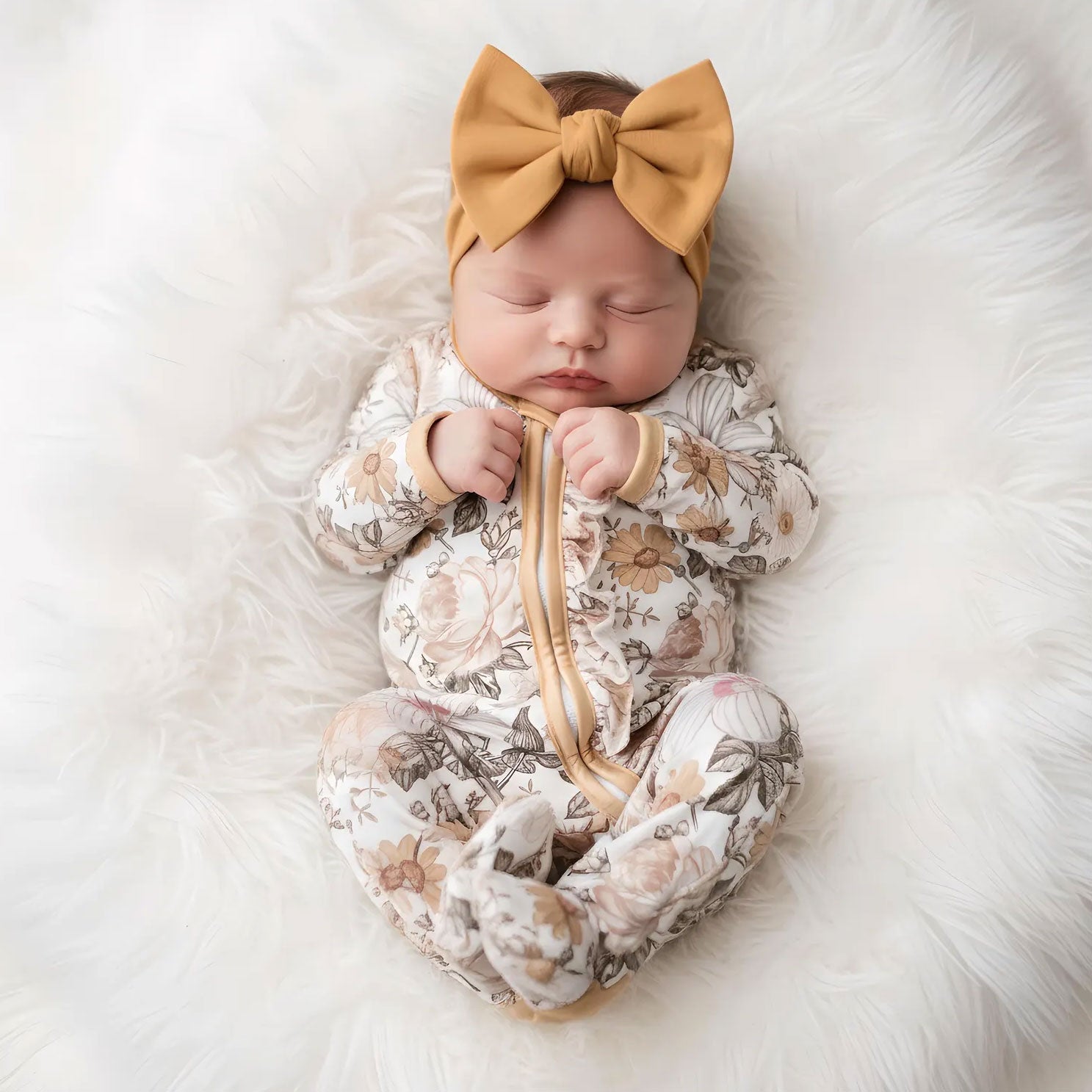 Elegant Floral Print Long Sleeve Baby Zipper Jumpsuit