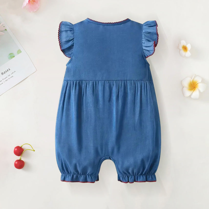 Stylish Solid Color Denim Ruffles Sleeveless Baby Jumpsuit