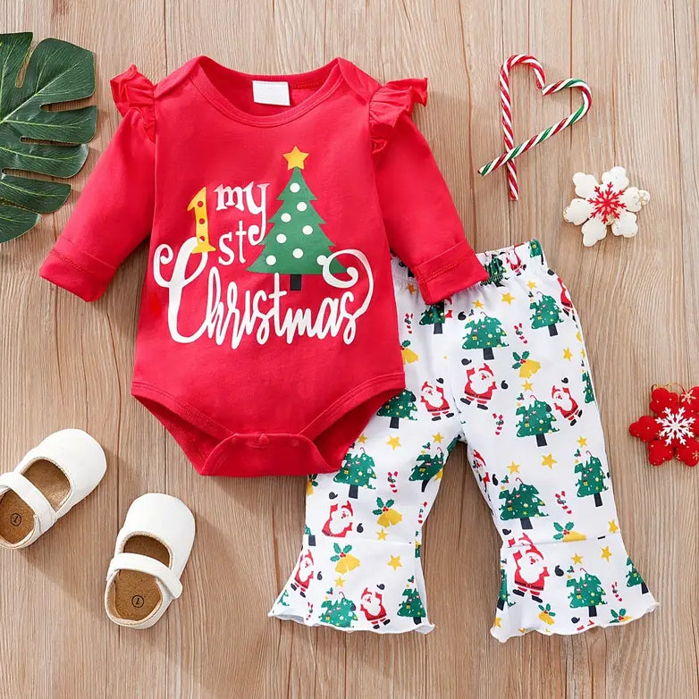 2PCS My 1st Christmas Letter and Santa Printed Long Sleeve Baby Set