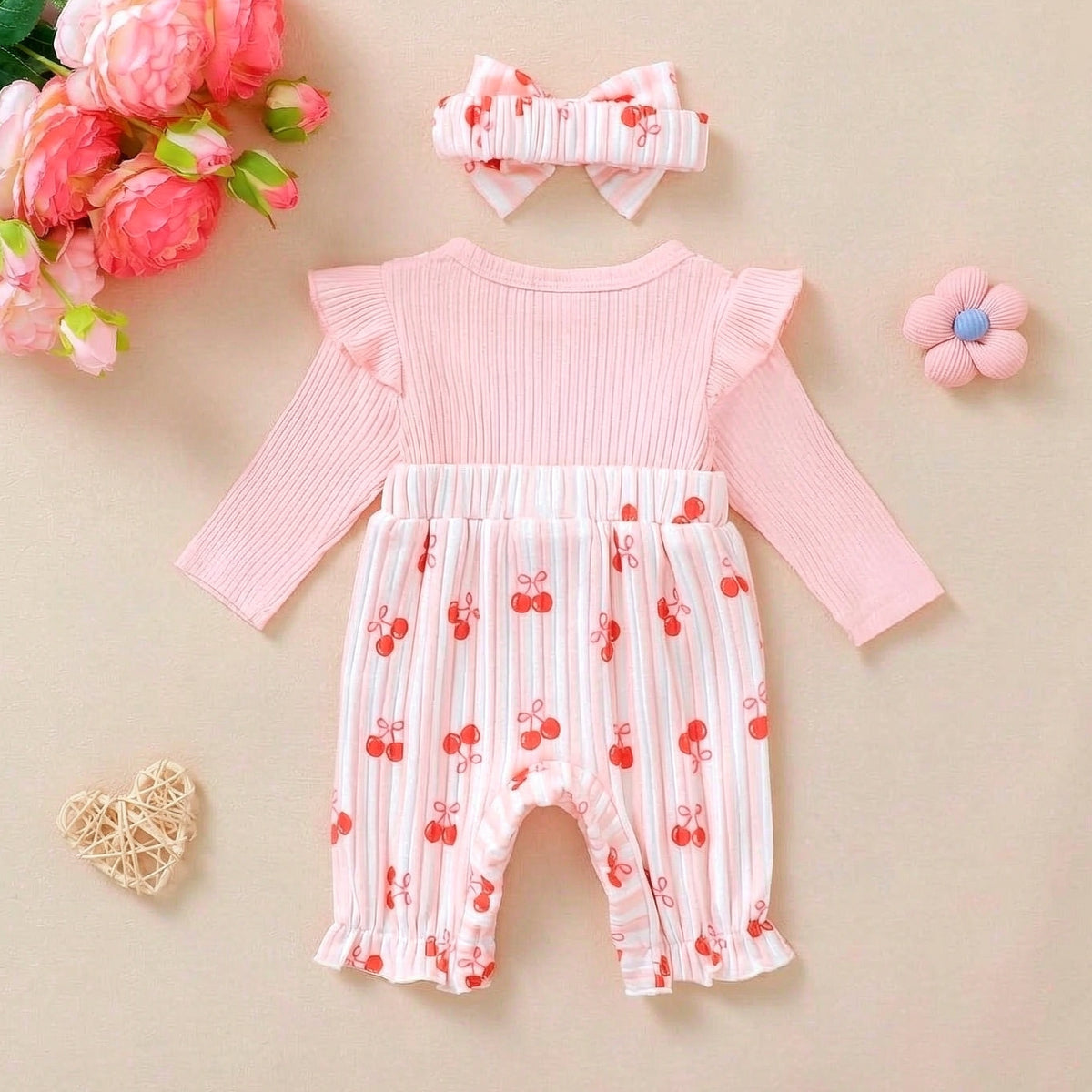 2PCS Sweet Cherry Stripe Print Faux Two Piece Baby Girl Jumpsuit