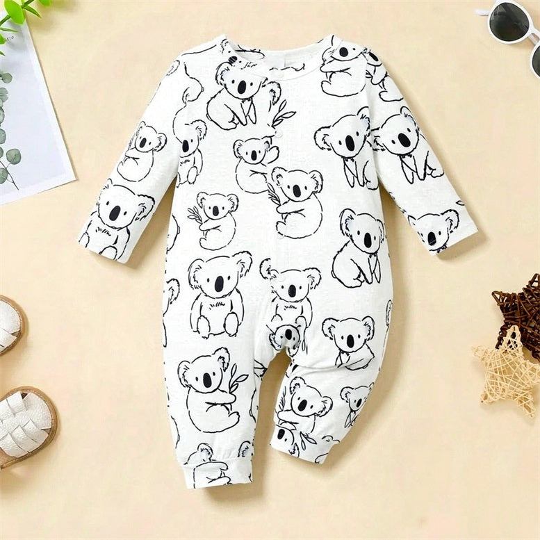 Endearing Koala Print Long Sleeve Baby Jumpsuit