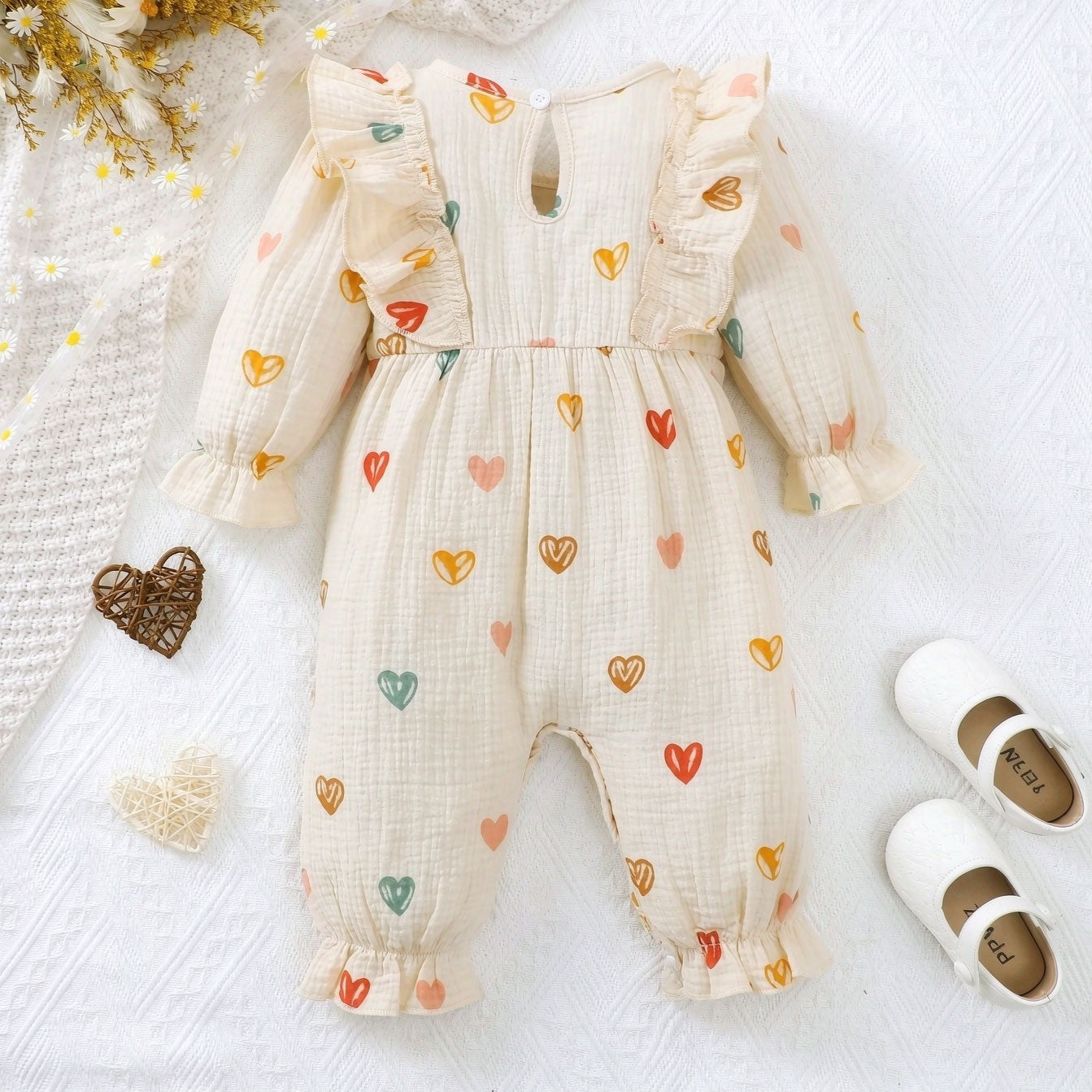 Lovely Heart Printed Ruffle Long Sleeve Baby Girl Jumpsuit