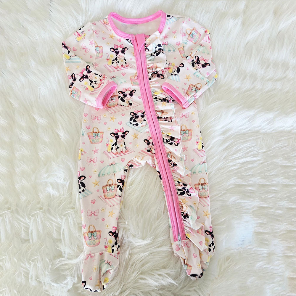2PCS Cute Cow Printed Ruffle Zipper Long Sleeve Baby Jumpsuit