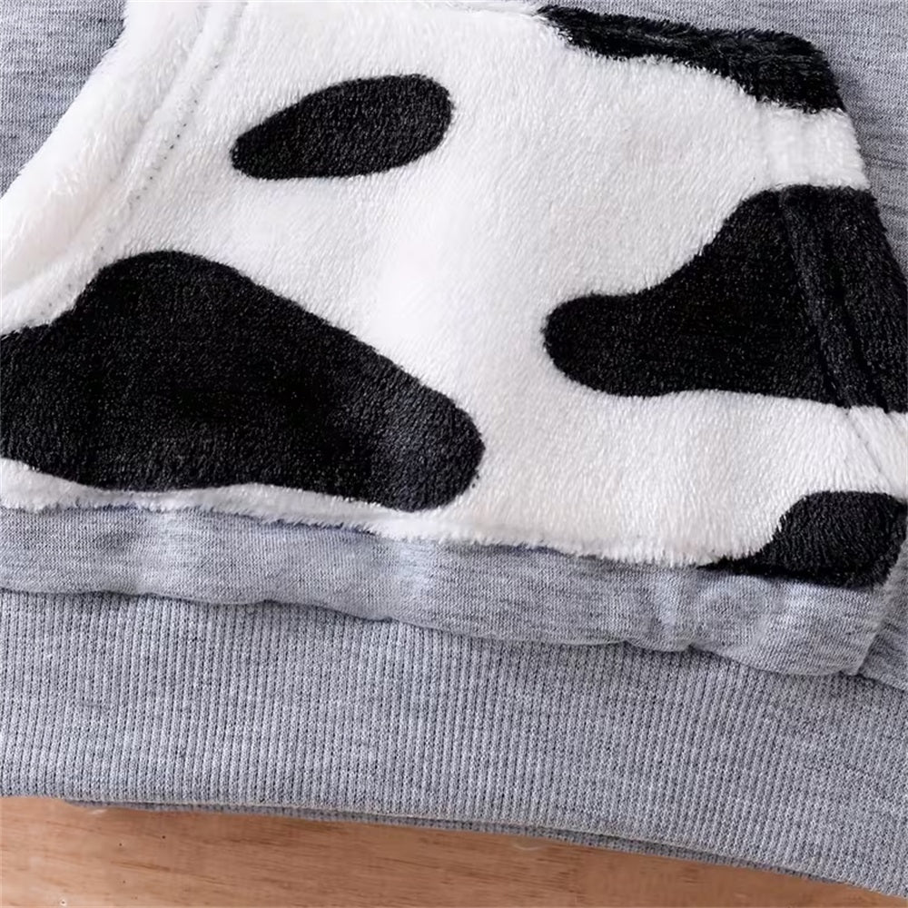 2PCS Cute Cow Print Fuzzy Long Sleeve Hoodie Baby Set