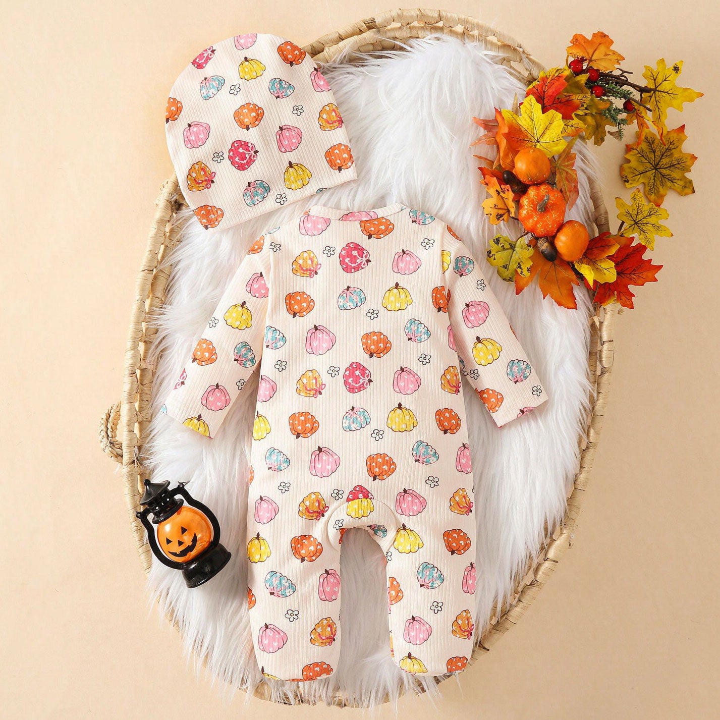 2PCS Halloween Pumpkin and Floral Printed Long Sleeve Zipper Baby Jumpsuit