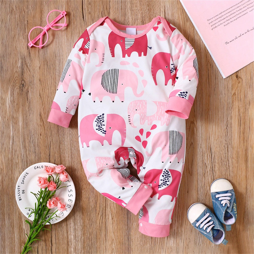 Lovely Cartoon Elephant Print Long Sleeve Baby Jumpsuit