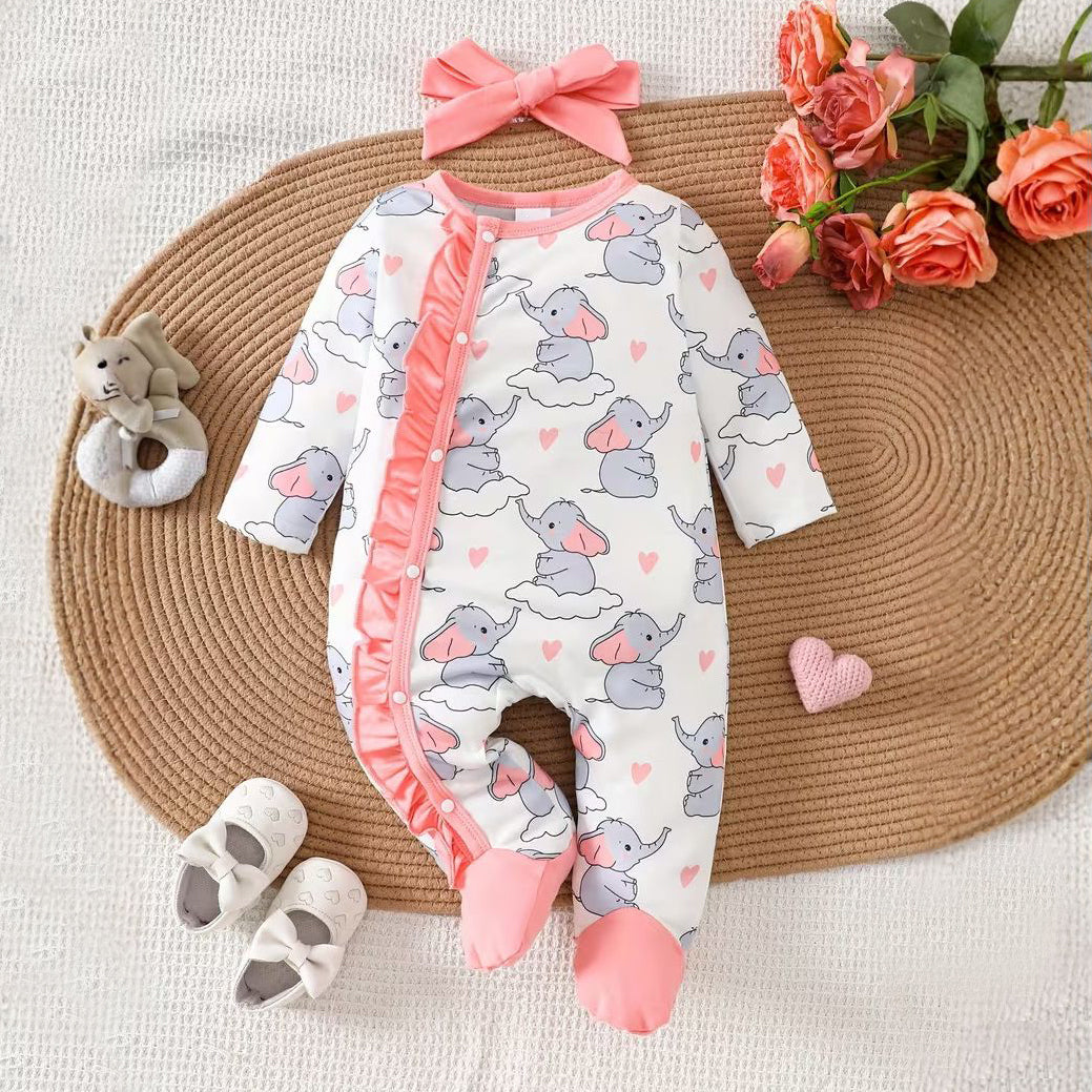2PCS Elephant Heart Print Long Sleeve Baby Jumpsuit