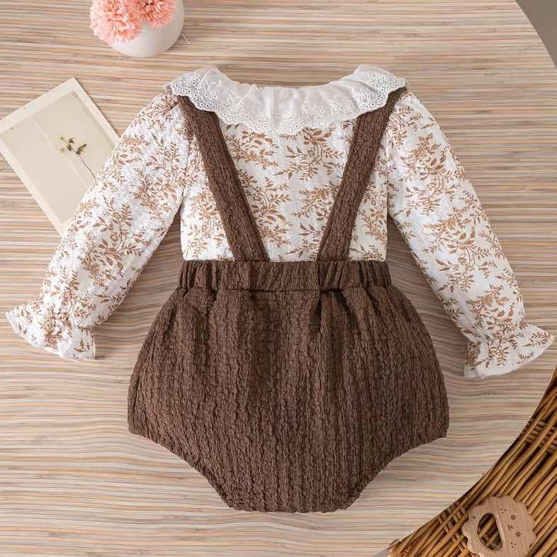 Charming Leaf Print Long Sleeve Baby Girl Romper