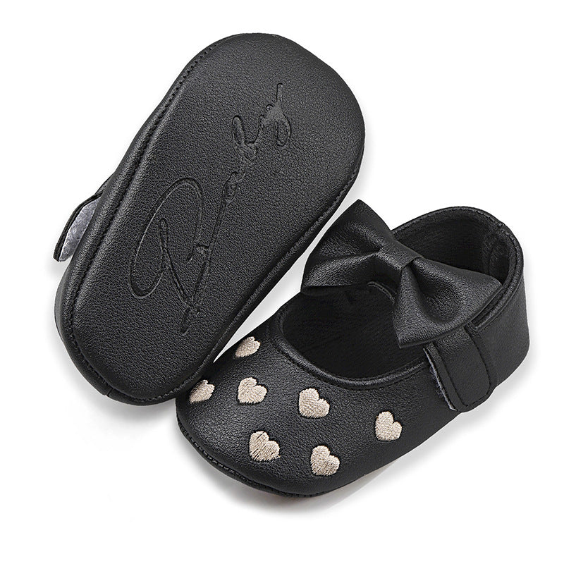 Embroidered Heart Bow Soft Sole Baby Prewalker Shoes