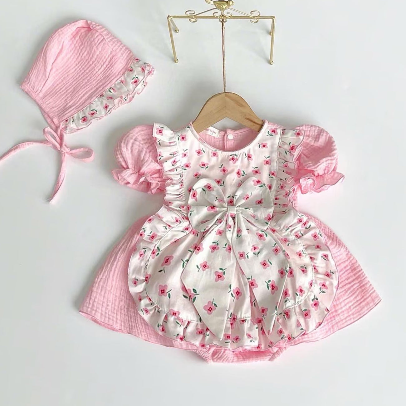 2PCS Adorable Ditsy Floral Print Puff Sleeve Baby Girl Romper