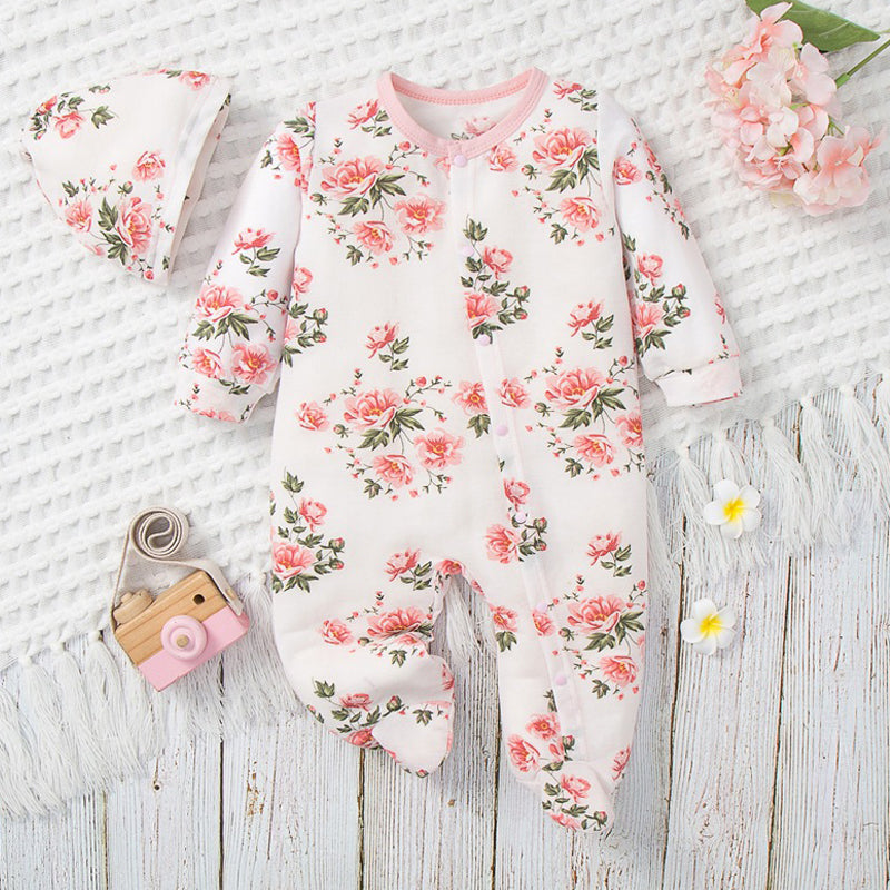 2PCS Fresh Floral Printed Long Sleeve Baby Girl Jumpsuit