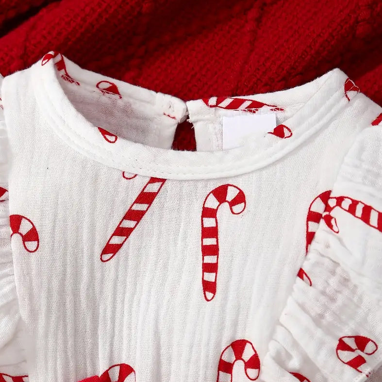 2PCS Christmas Candy Cane Printed Bowknot Long Sleeve Baby Jumpsuit