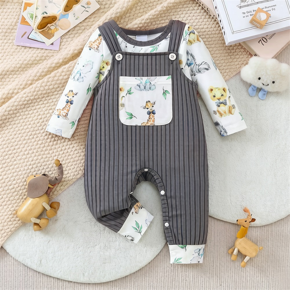 2PCS Casual Animal Printed Long Sleeve Baby Overalls Set