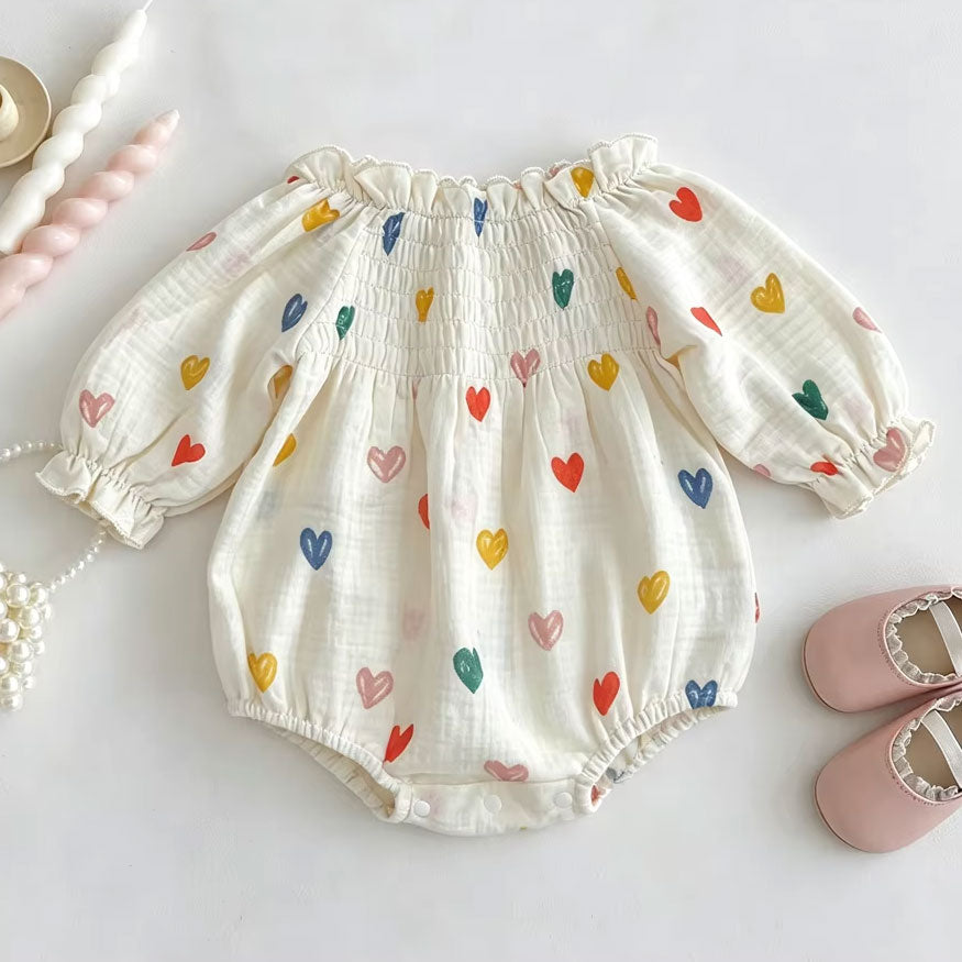 Lovely Heart Print Long Sleeve Baby Girl Bubble Romper