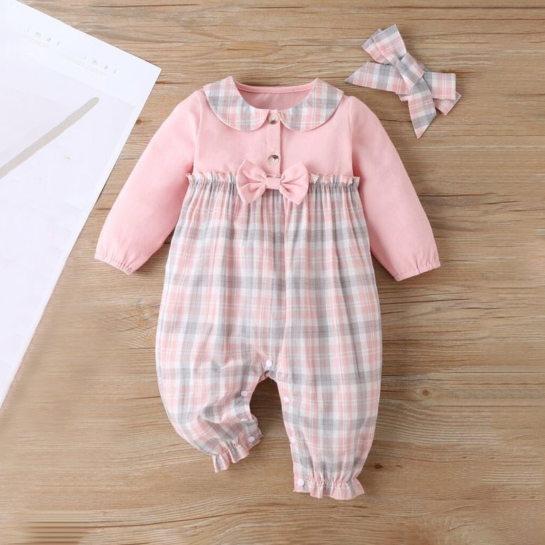 2PCS Sweet Plaid Printed Bow Decoration Long Sleeve Baby Jumpsuit