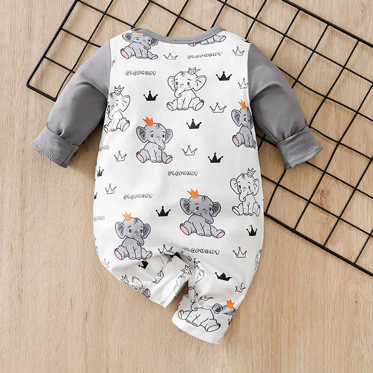 Casual Elephant King Print Long Sleeve Baby Jumpsuit