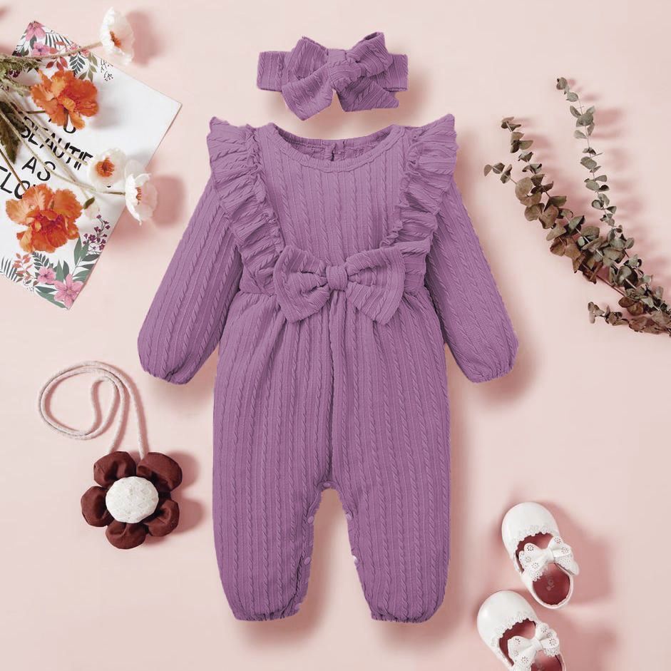 2PCS Solid Color Ruffle Bowknot Decor Long Sleeve Baby Jumpsuit