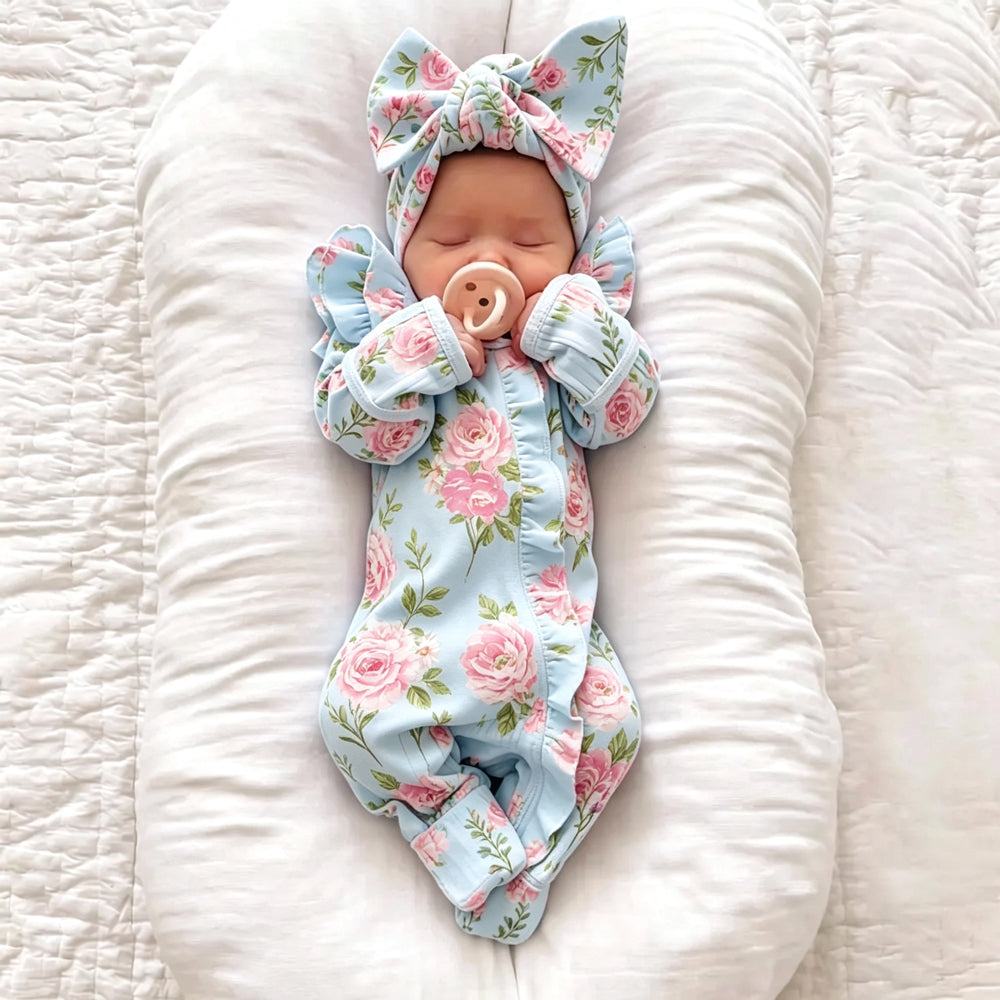 2PCS Romantic Floral Print Ruffle Long Sleeve Zipper Baby Jumpsuit