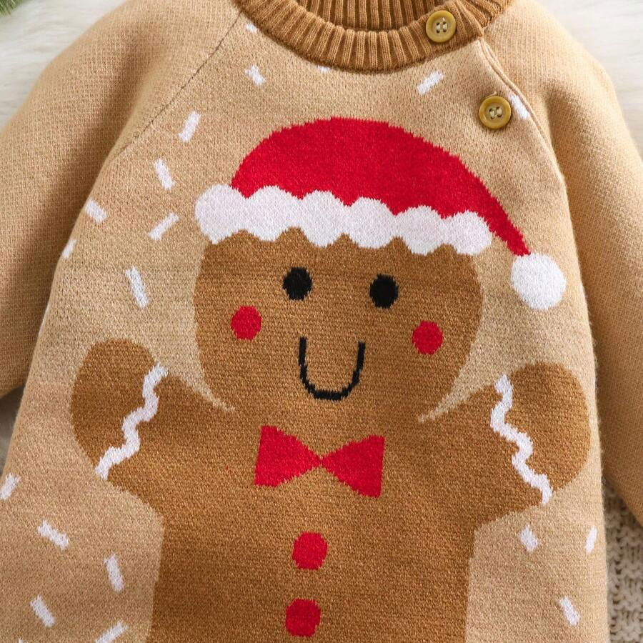 Lovely Knit Christmas Gingerbread Printed Long Sleeve Baby Jumpsuit