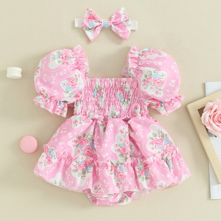 2PCS Charming Floral Print Short Sleeve Baby Romper