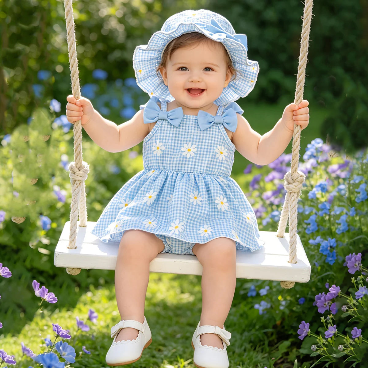 2PCS Chic Daisy & Plaid Print Sleeveless Baby Romper With Hat