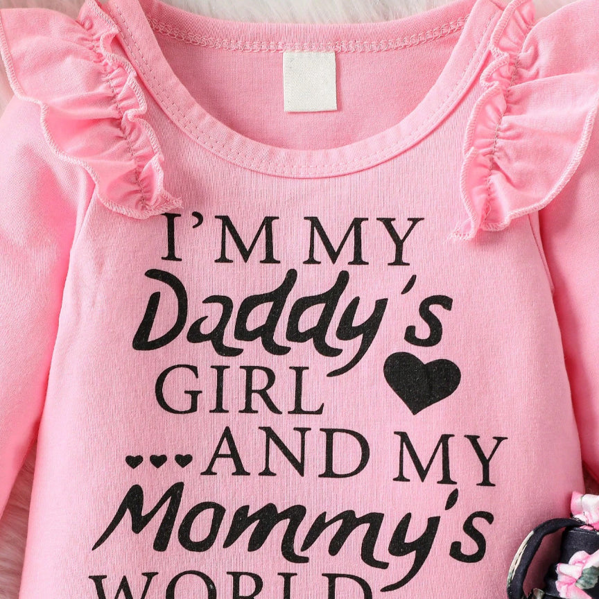 3PCS Pretty Daddy's Girl Mommy's World Letter Floral Printed Baby Set