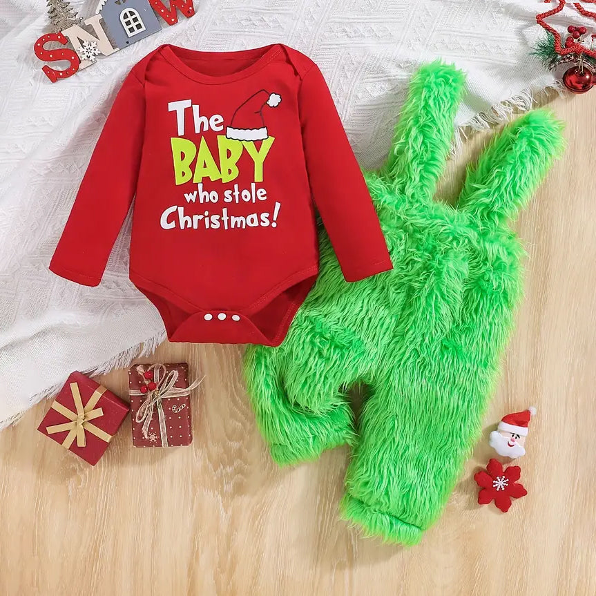 2PCS The Baby Who Stole Christmas Letter Printed Long Sleeve Baby Set