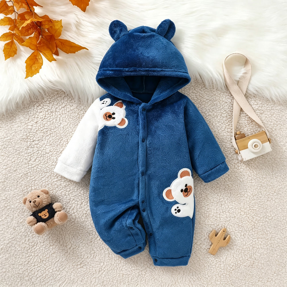 Fuzzy Bear Applique Long Sleeve Baby Hoodie Jumpsuit