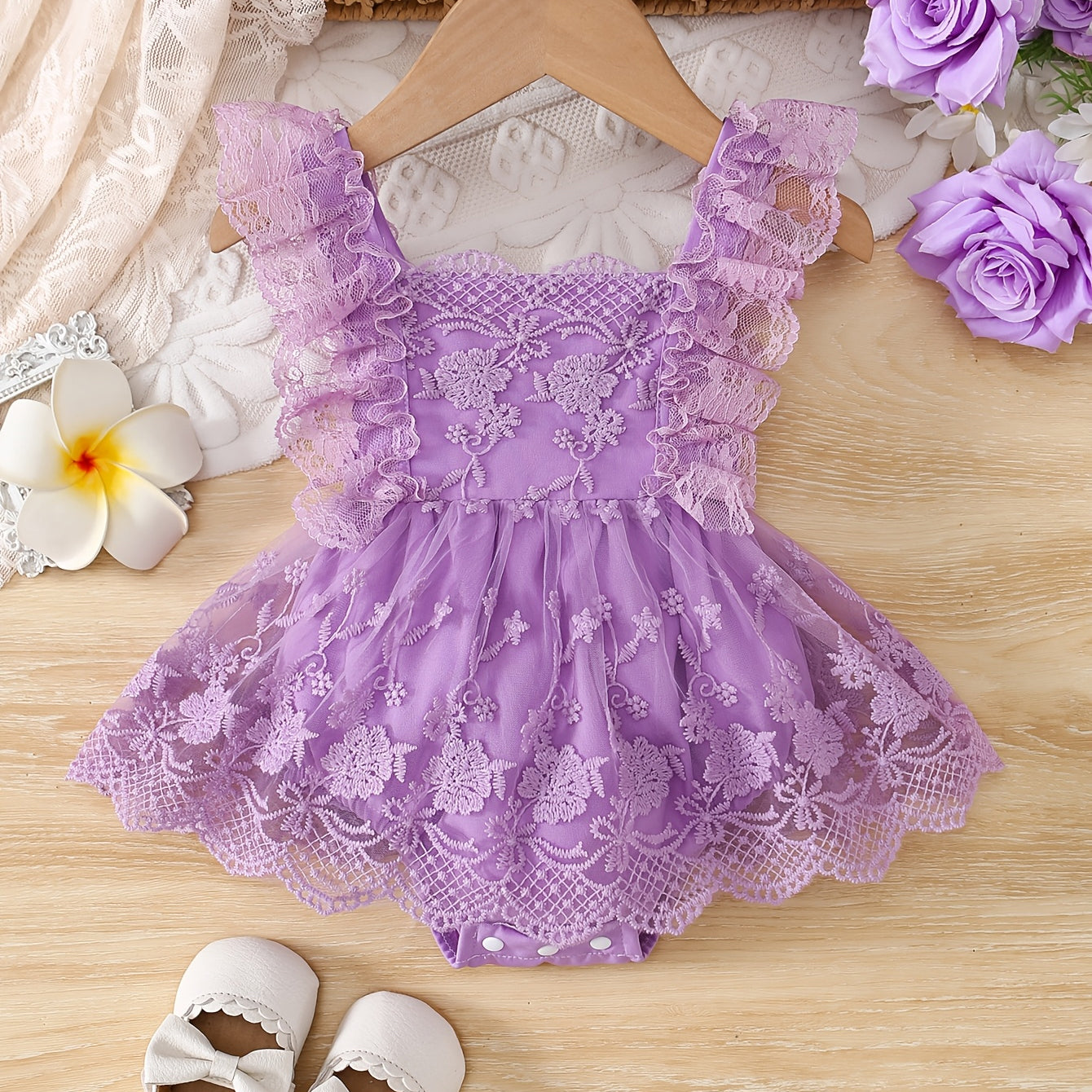 Comfy Floral Embroidery Flounce Sleeve Baby Romper