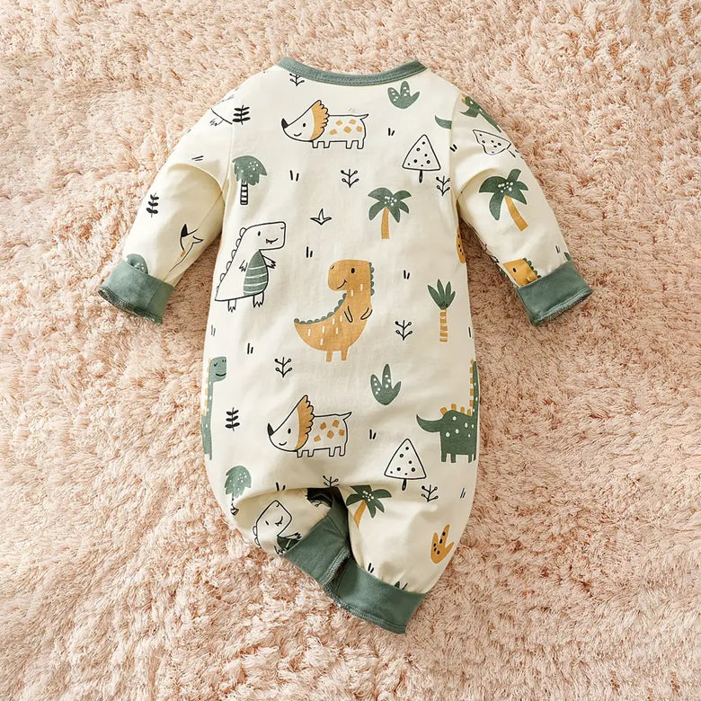 Cute Cartoon Dinosaur Allover Printed Long Sleeve Baby Jumpsuit