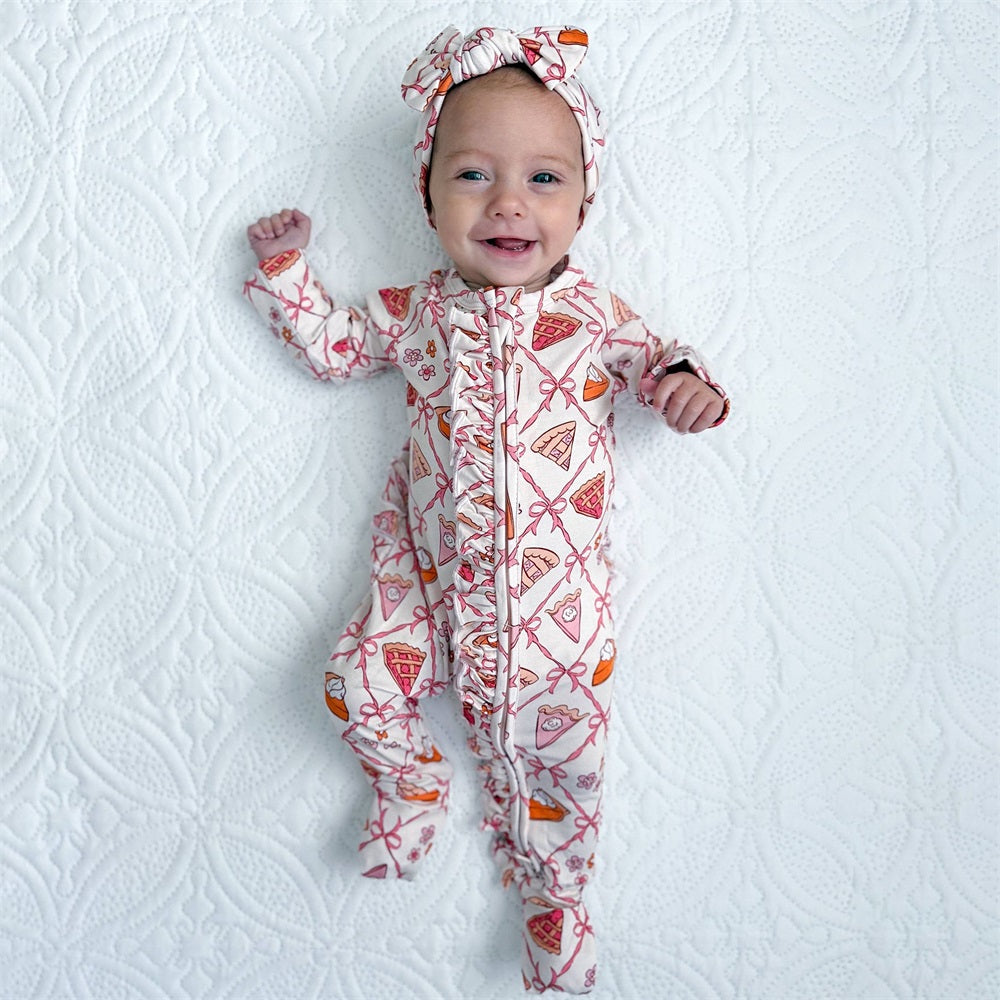 2PCS Cute Pie Slices Bow Print Long Sleeve Baby Jumpsuit
