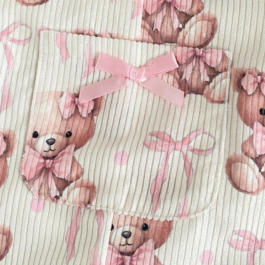 2PCS Lovely Teddy Bear Bow Print Short Sleeve Baby Overalls Set