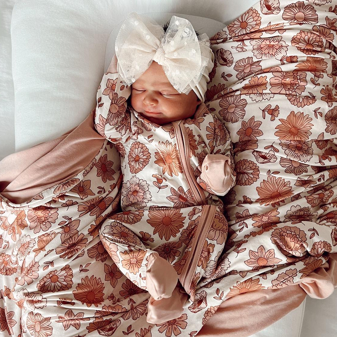 Pretty Allover Floral Printed Zipper Long Sleeve Baby Jumpsuit