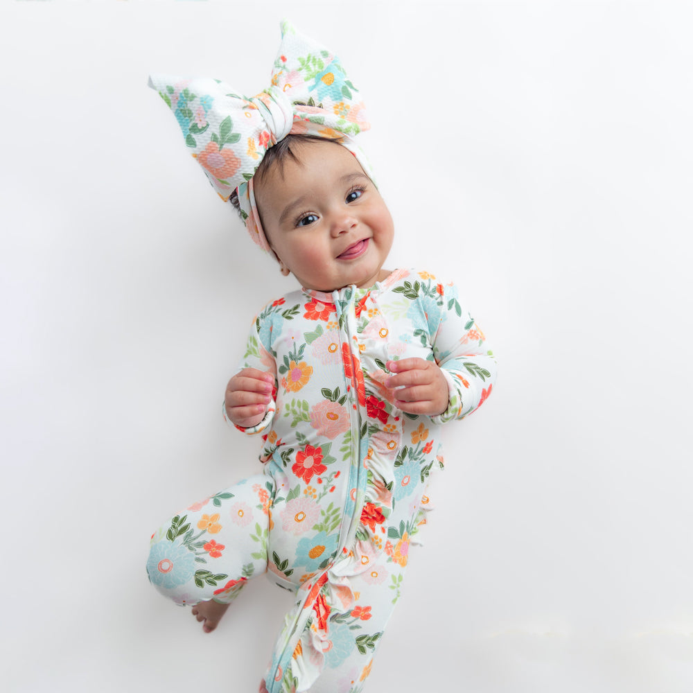 2PCS Cute Stylish Floral Print Ruffle Zipper Baby Jumpsuit