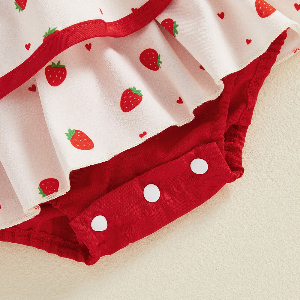2PCS Cute Strawberry Print Flutter Sleeve Baby Girl Romper