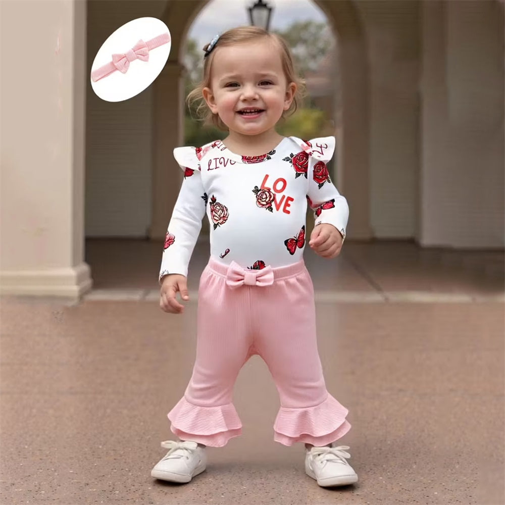 3PCS Butterfly and Rose Print Long Sleeve Baby Set