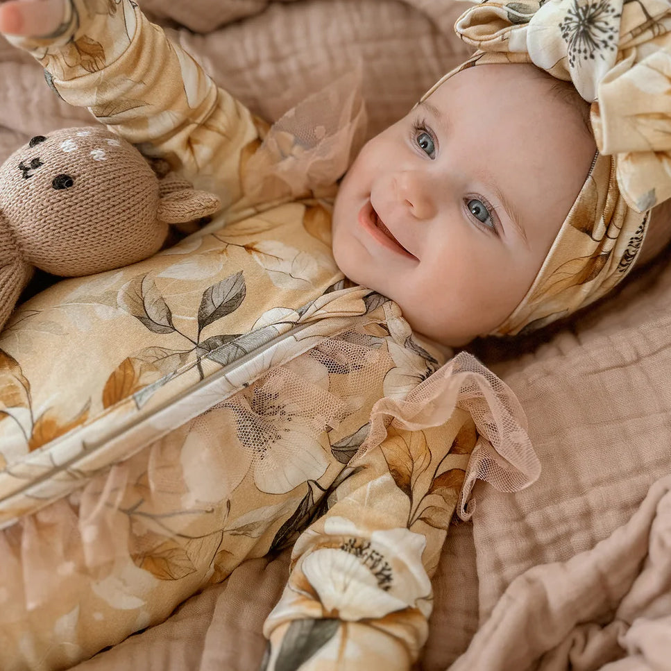 2PCS Maillard Style Floral Print Tulle Zipper Long Sleeve Baby Jumpsuit