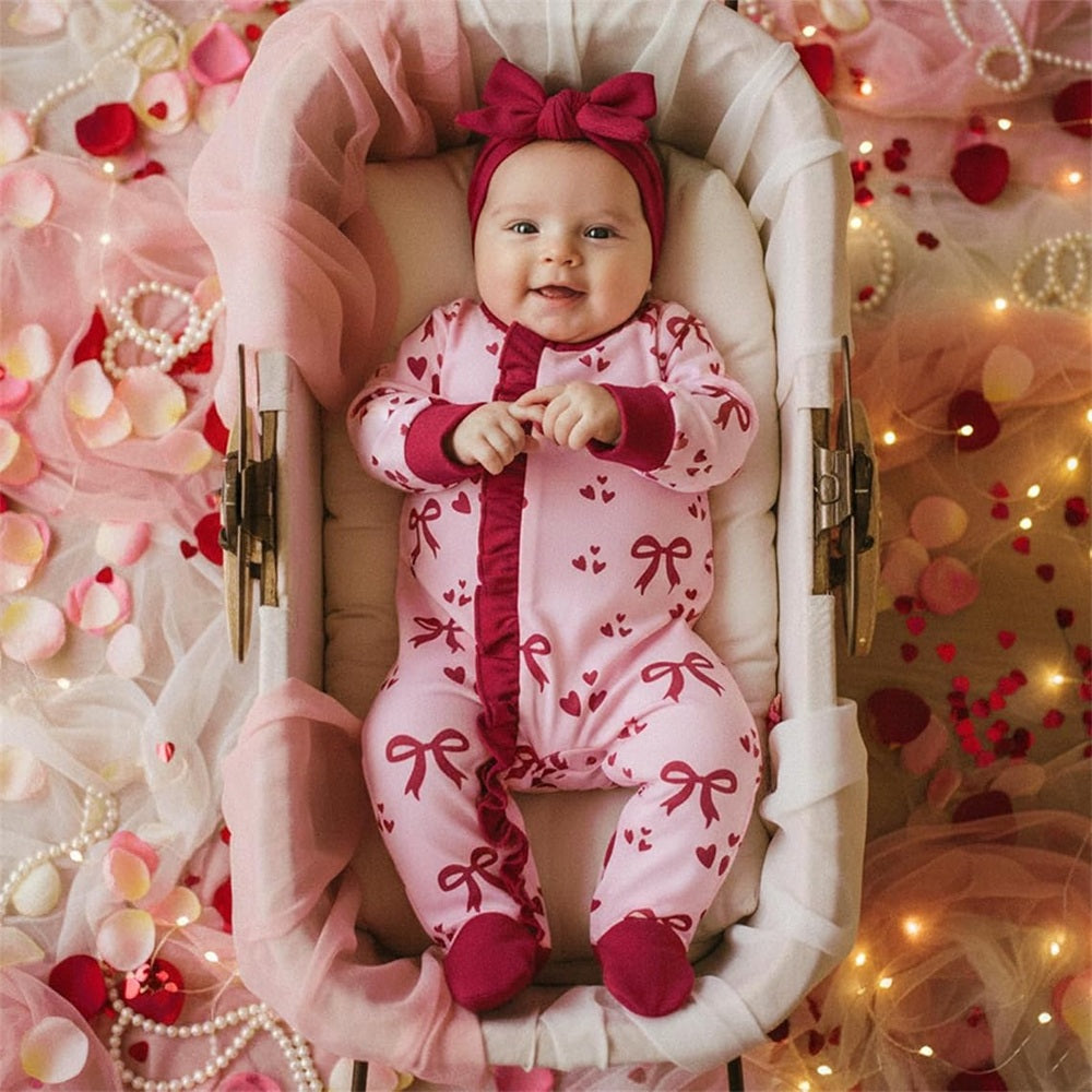 2PCS Lovely Christmas Bow Heart Printed Zipper Baby Jumpsuit