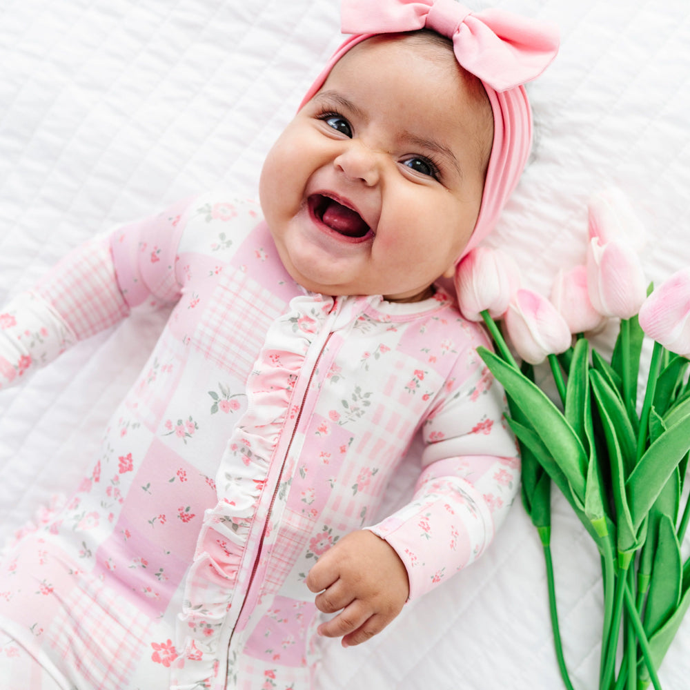 Pink Patchwork Floral Print Ruffle Zipper Long Sleeve Baby Jumpsuit